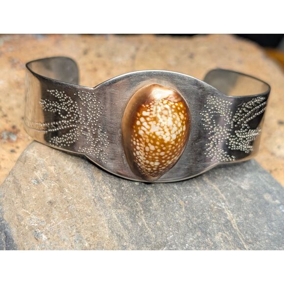 Cowrie Shell Bracelet – Engraved Metal – Coastal Artisan Style - Picture 1 of 5